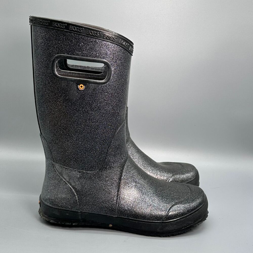 Bogs Rainboot Glitter Youth Girls 6 Gray Black Sparkle Tall Pull On Waterproof
